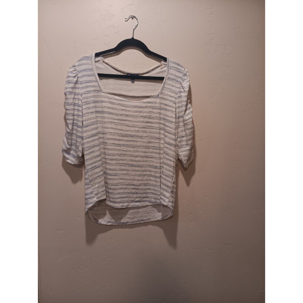 Democracy Top Women XL White/Blue Stripe Ruched Quarter Puff Sleeves Boatneck